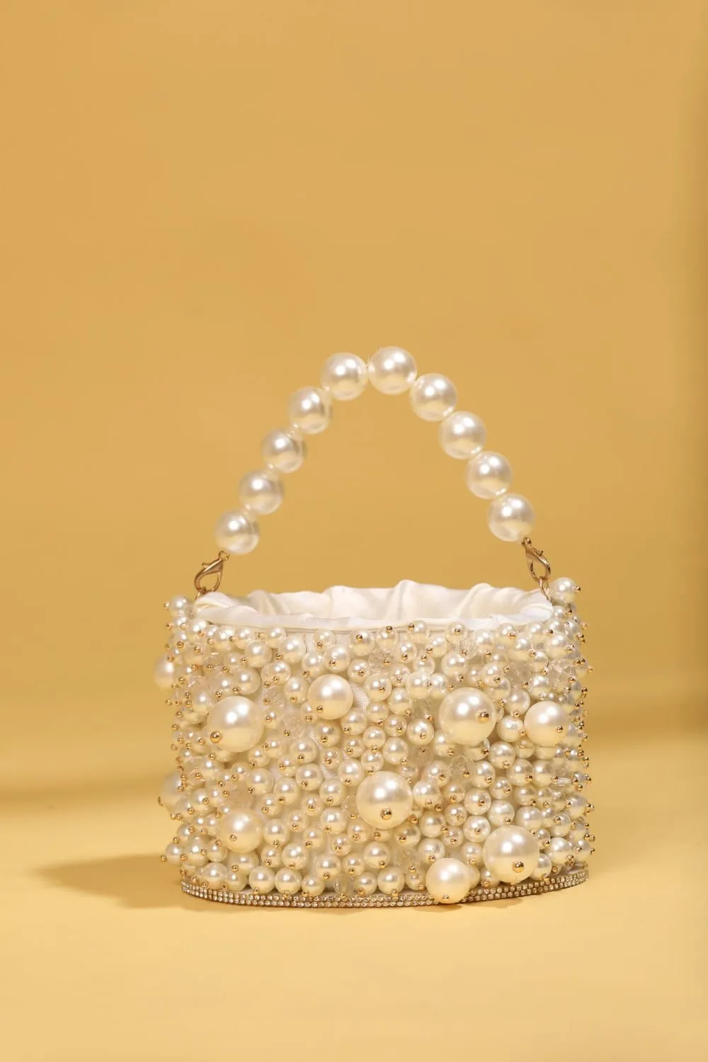 Handmade White Embellished Pearl Mini Bag, Luxury Bridal Clutch Purse