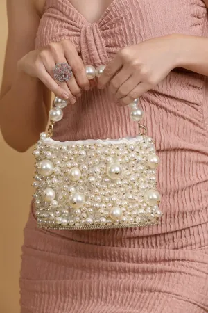 Handmade White Embellished Pearl Mini Bag, Luxury Bridal Clutch Purse